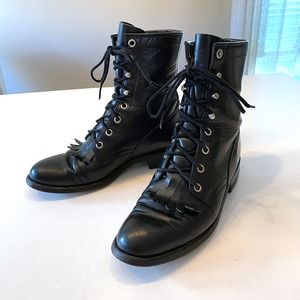 Vintage Justin L 506 Black Lace-Up Boots Size 6 B Leather Kiltie Western Peasant